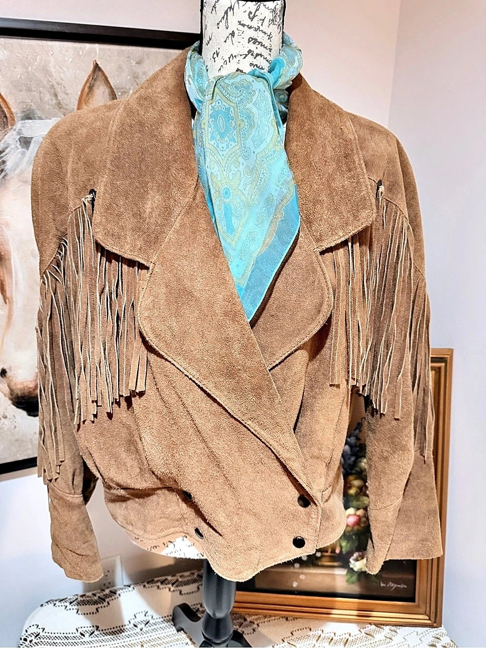 Leatherock Fringe Leather Jacket Brown & Blue Size Large
